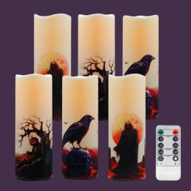 Halloween Flameless LED Candles, Set of 6, Gothic Design with Remote Control, 6 in x 2.15 in, 2AA Battery Operated 400+ Hours, Timer Function