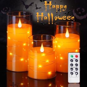 Homemory Halloween Orange Flameless Candles with String Lights, Battery Operated LED Candles with Remote and Timer, Candles for Halloween Decorat