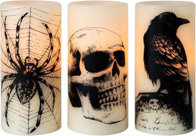 Halloween LED Flameless Flickering Candles Battery Operated with 6H Timer Skull Spider Web Crow Raven Spooky Decals Halloween Themed Indoor Decor