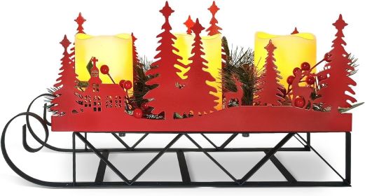 Christmas Sleigh Centerpiece Table Decorations with Flickering Led Candle Lights Xmas Sleigh Silhouette Candelabrum for Dinning Room, Table, Fire